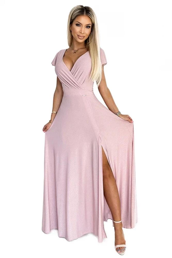 Numoco 411-6 CRYSTAL třpytivé dlouhé šaty s výstřihem - světle růžové XS / S / M / L / XL / XXL / 3XL (SKLADEM: XXL)
