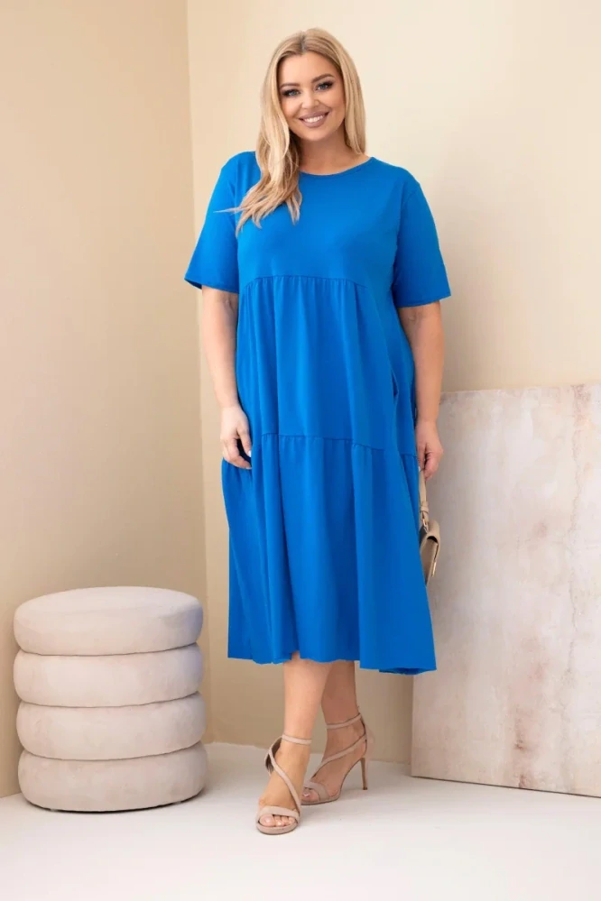 Dámské dlouhé MAXI šaty plus size s krátkým rukávem a volánem 17402-3 chrpově modrá 2XL - 5XL