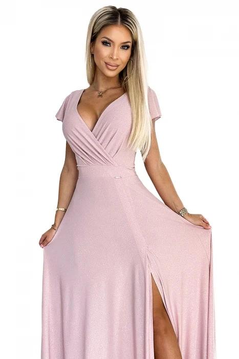 Numoco 411-6 CRYSTAL třpytivé dlouhé šaty s výstřihem - světle růžové XS / S / M / L / XL / XXL / 3XL (SKLADEM: XXL)
