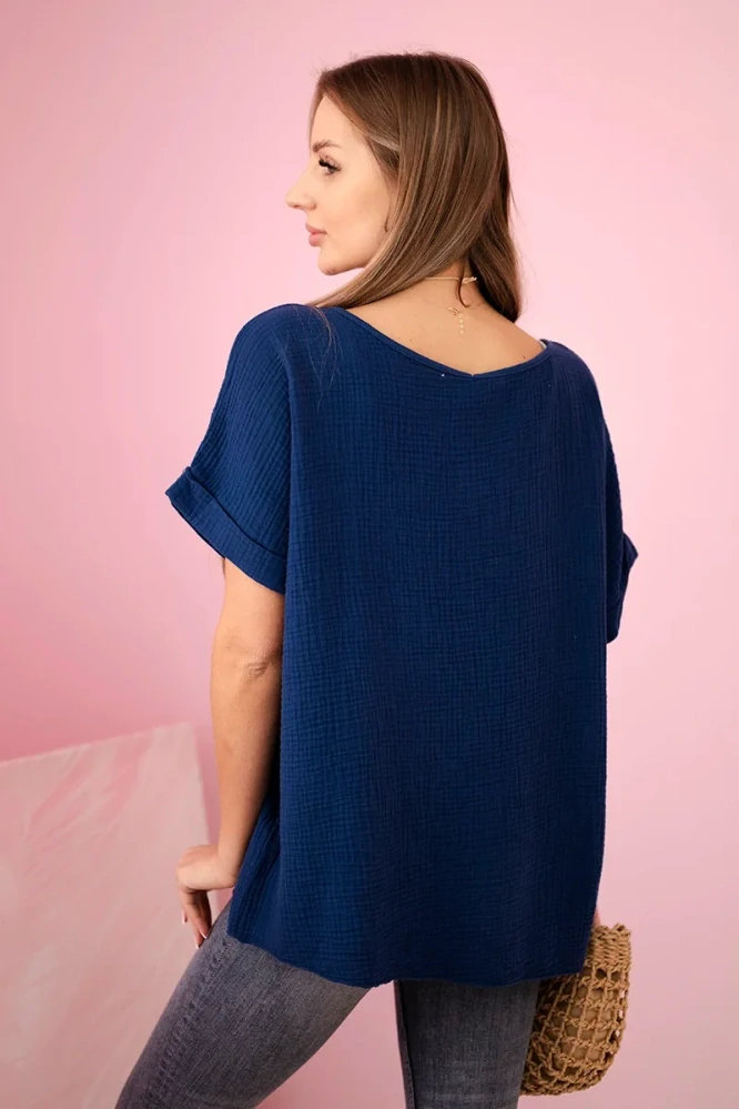 Dámská halenka mušelínová 10068-7 námořnická modř + náhrdelník zdarma jako dárek UNI M/L/XL