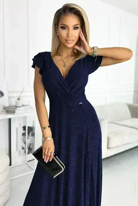 Numoco 411-3 CRYSTAL třpytivé dlouhé šaty s výstřihem - tmavě modrá XS / S / M / L / XL / 2XL / 3XL (SKladem: M / L)