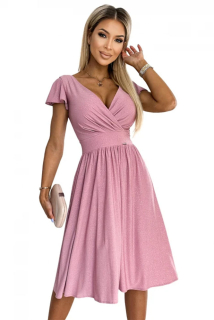 Numoco 425-2 MATILDE Šaty s výstřihem a krátkým rukávem - pudrově růžová se třpytkami XS / S / M / L / XL (Skladem: L)