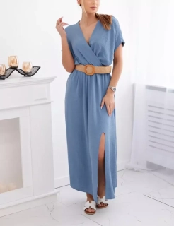 Dámské šaty dlouhé s ozdobným páskem zdarma 6012F-9 světle modrá - univerzální - S/M/L