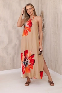 Letní šaty dlouhé s květinovým vzorem 2760-12 khaki univerzální - S/M/L