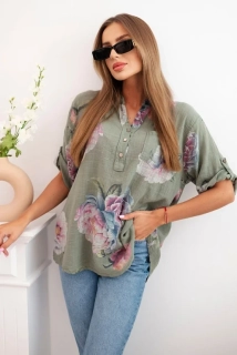 Dámská bavlněná halenka 12038-5 khaki s květy univerzální L / XL