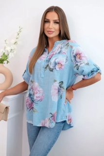 Dámská bavlněná halenka 12038-6 modrá s květy univerzální L / XL