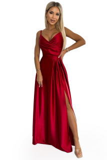 Numoco 299-14 CHIARA saténové dlouhé šaty na ramínka červená S/ M / L / XL (skladem: M / XL)