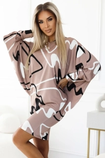 Numoco dámské netopýří šaty s výstřihem 402-8 béžová vzor S/M, L/XL, XXL/XXXL