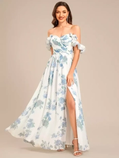 Ever Pretty dámské šaty dlouhé SS00188-3 bílá s modrými květy XS / S / XL (SKLADEM: S)