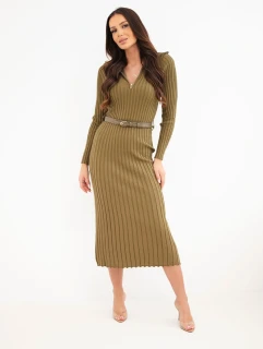 Dámské elegantní šaty pouzdrové se stojáčkem 4590-5 olivová univerzální S/M/L